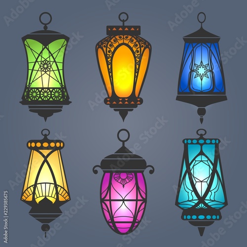 Arabic lantern set. Light islamic lanterns, antique heritage vector arab light lamps for ramadan kareem