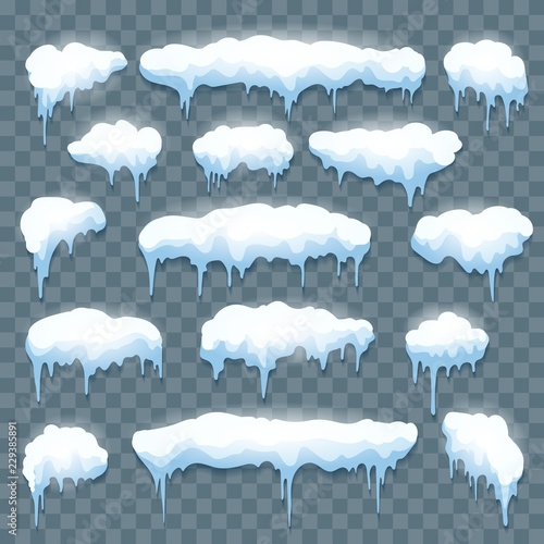 Snow icicles on transparent. Cool roof white ice borders, winter frozen vector icicle set