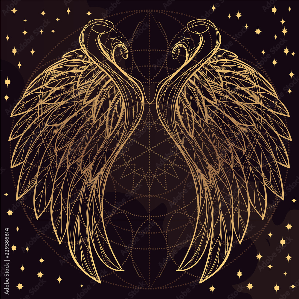 Vector illustration of golden wings on purple background. Design ...