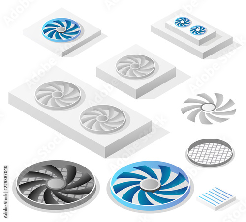A set of isometric computer fans