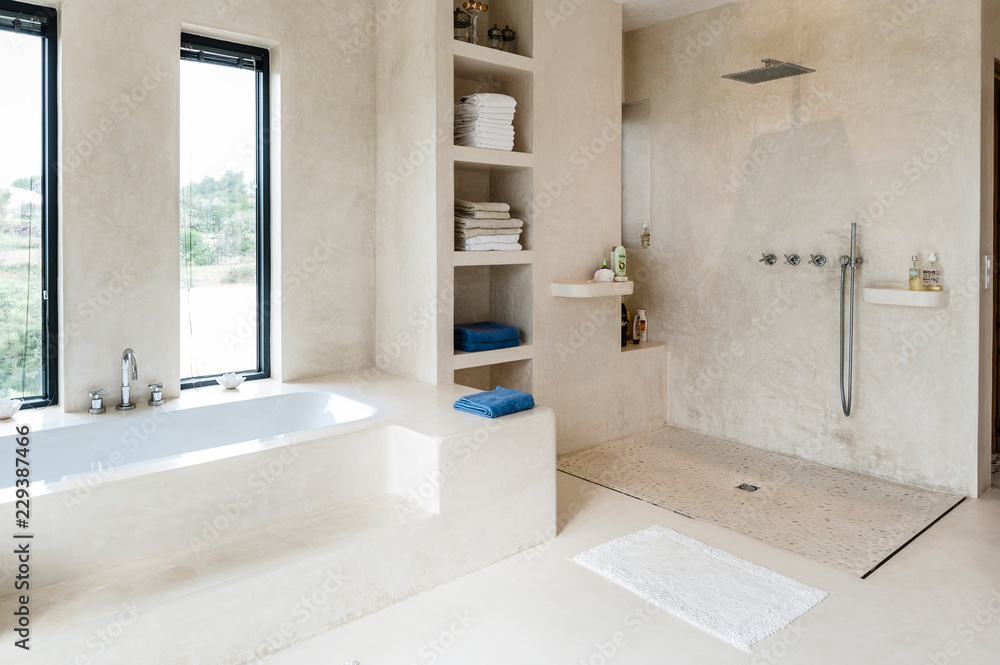 Shower and bath in modern bathroom Stock Photo | Adobe Stock