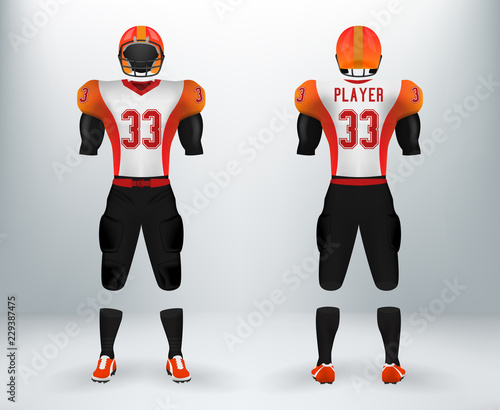 3D realistic mockup of American rugby football jersey uniforms sets. Concept for football apparel mock up template in vector illustration for retail shop.