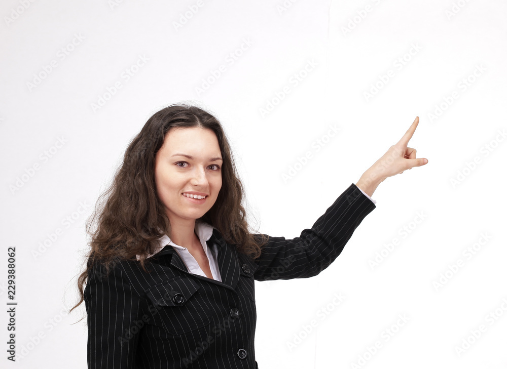 successful business woman showing on copy space. successful business woman showing on copy space.