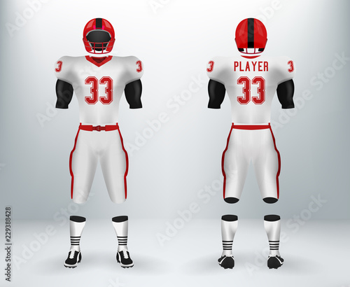 3D realistic mockup of American rugby football jersey uniforms sets. Concept for football apparel mock up template in vector illustration for retail shop.