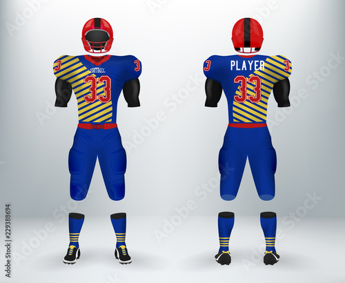 3D realistic mockup of American rugby football jersey uniforms sets. Concept for football apparel mock up template in vector illustration for retail shop.