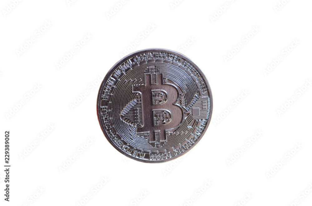 silver bitcoin coin with tilt on white isolate background