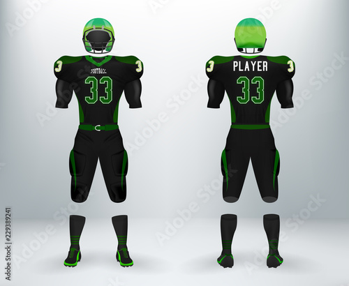 3D realistic mockup of American rugby football jersey uniforms sets. Concept for football apparel mock up template in vector illustration for retail shop.
