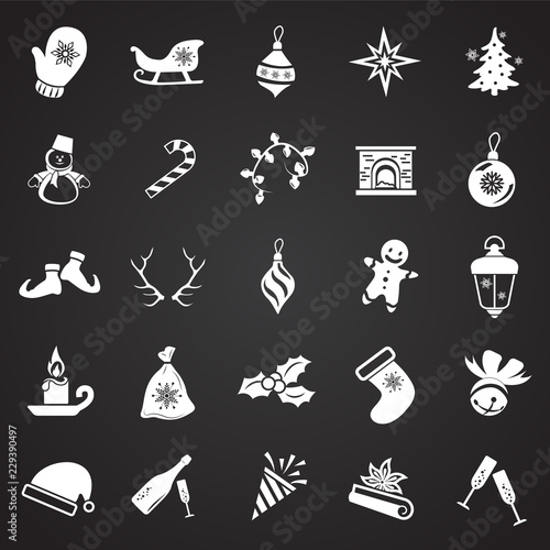 Christmas and new year icons set on black background