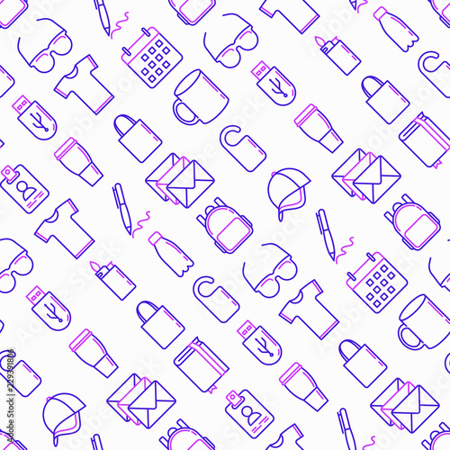 Promotional products seamless pattern with thin line icons: notebook, tote bag, sunglasses, t-shirt, water bottle, pen, backpack, hat, travel mug, usb, lighter, calendar. Modern vector illustration.