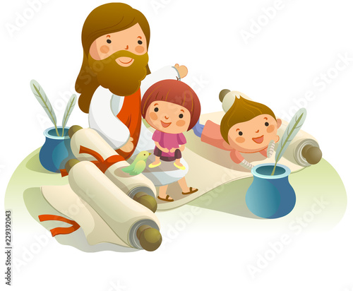 Jesus Christ with two children on a scroll