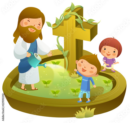 Jesus Christ watering plants with two children standing with him