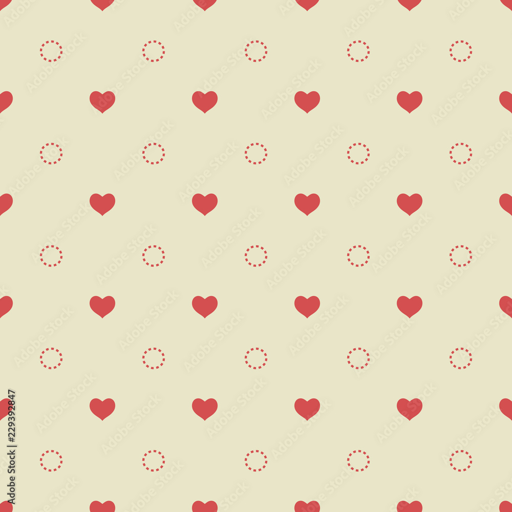 Red hearts and circles on a light yellow background. Seamless pattern. Gentle colors.