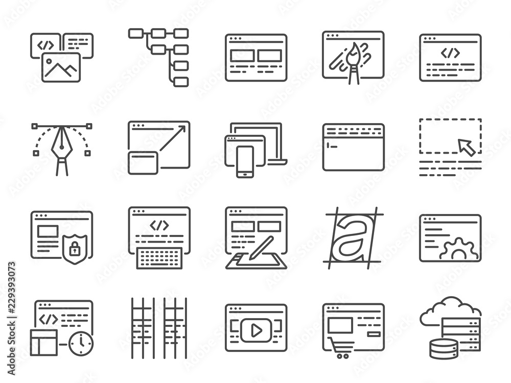 Web development line icon set. Included icons as design, developer ...