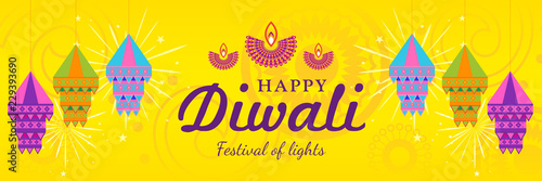 Happy Diwali (Festival of light) Vector illustration. Diwali diya (oil lamp) with colorful lanterns. Design for Social media header templates.