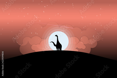 Silhouette long neck dinosaurus on the hill with full moon in the background.