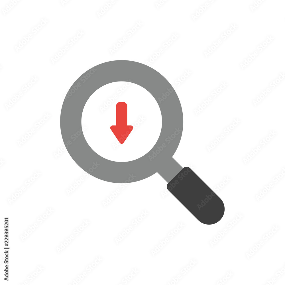Vector icon concept of magnifying glass with arrow moving down Vector icon concept of magnifying glass with arrow moving down