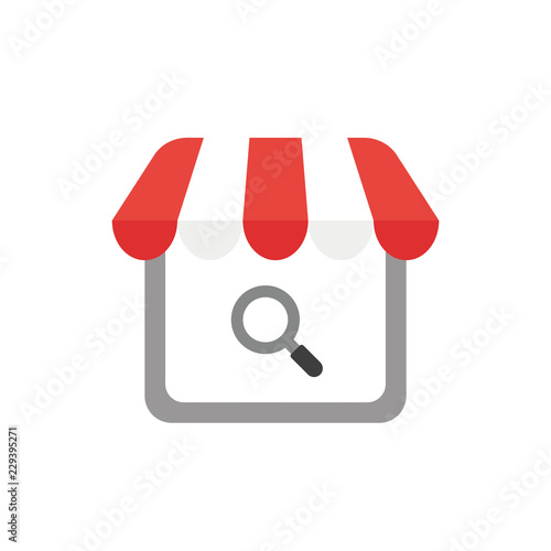 Vector icon concept of shop store with magnifying glass