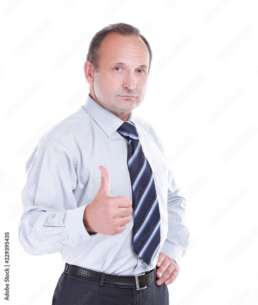 successful businessman shows his thumb up. isolated on white successful businessman shows his thumb up. isolated on white