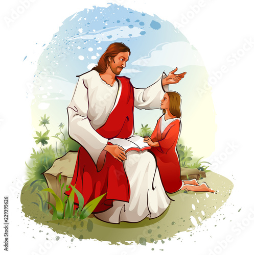 Jesus Christ reading the Bible with a girl kneeling beside him
