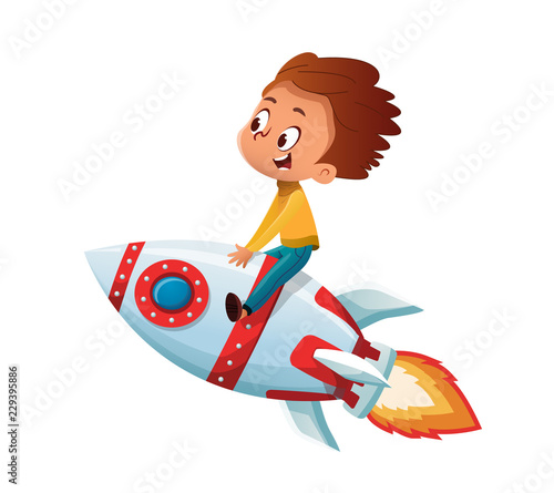 Happy Boy playing and imagine himself in space driving an toy space rocket. Vector cartoon illustration. Isolated