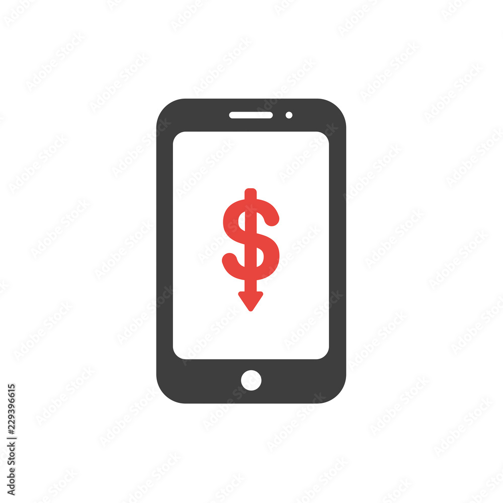 Vector icon concept of dollar symbol arrow moving down inside smartphone Vector icon concept of dollar symbol arrow moving down inside smartphone