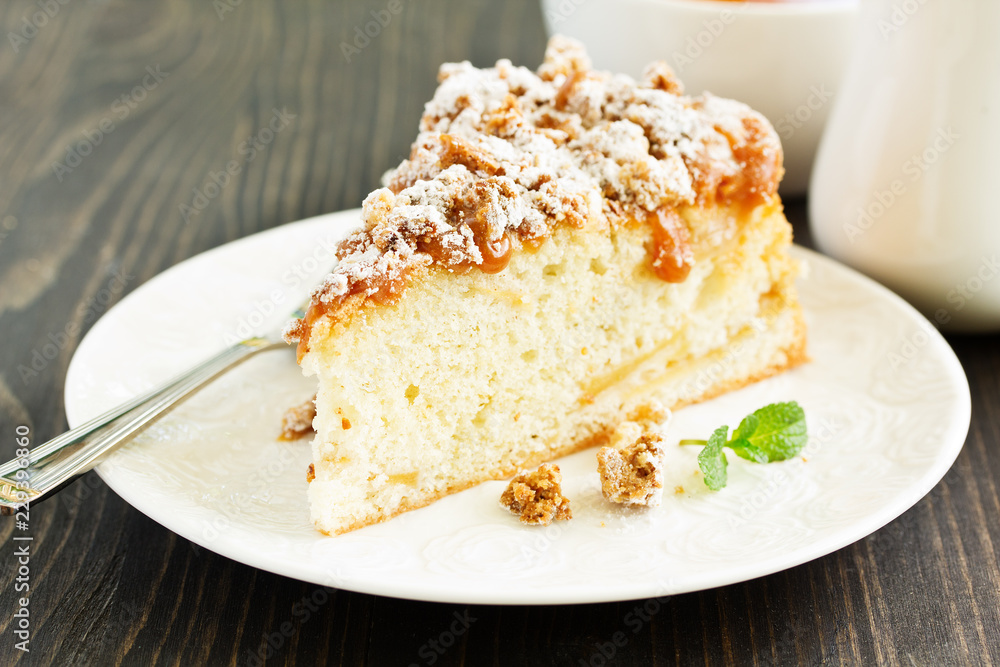 Apple cake with caramel and crumble. Apple cake with caramel and crumble.