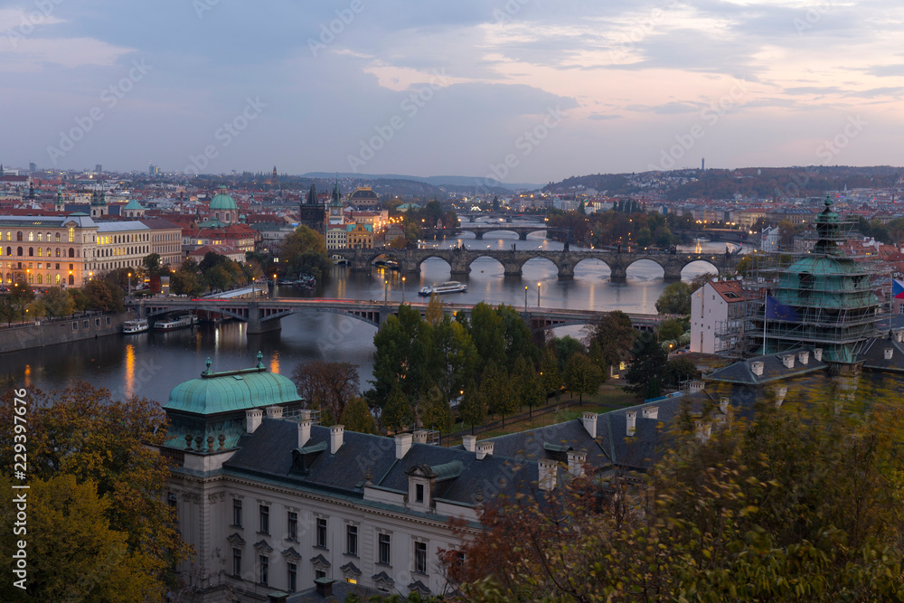 Night Prague City with with its Buildings, Towers, Cathedrals and Bridges, Czech Republic