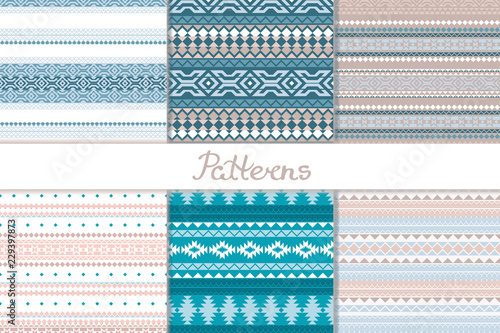 Merry Christmas. Set seamless pattern with a winter theme in ethno style. Geometric shapes, triangle, square, rhombus. 