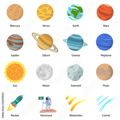 Space planet icon set. Flat set of space planet vector icons isolated on white background