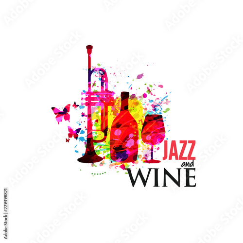 Music and wine colorful background flat vector illustration. Party flyer, jazz music club, wine tasting event, wine festival and celebrations poster for invitation card, menu with wineglass and bottle