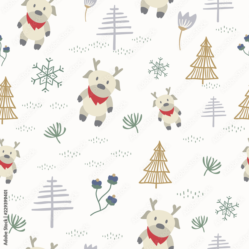 Obraz premium The reindeer and hand drawn christmas tree seamless pattern cream background.