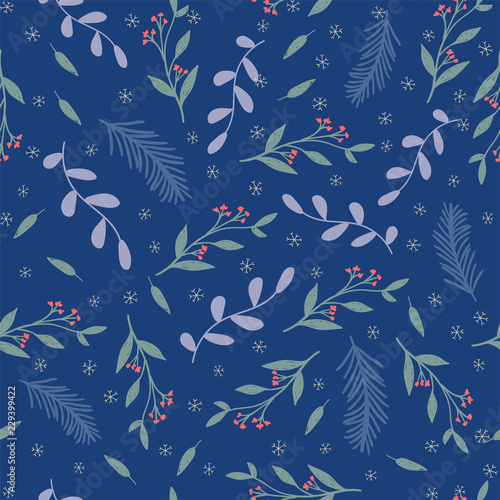 The beautiful hand drawn plants christmas seamless pattern blue background.