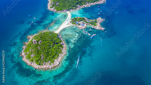 Aerial view beautiful top view of Koh Nang Yuan island, Koh Nangyuan, Surat Thani, Thailand.