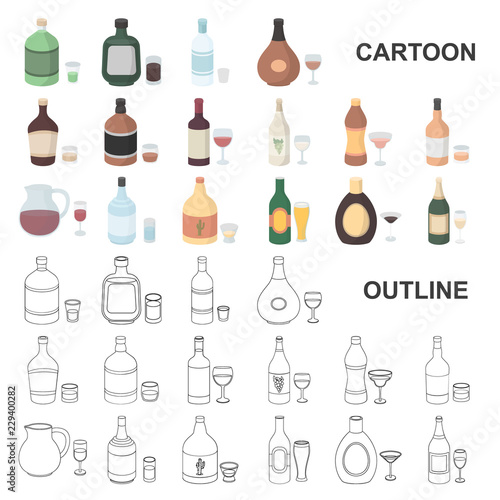 Types of alcohol cartoon icons in set collection for design. Alcohol in bottles vector symbol stock web illustration.