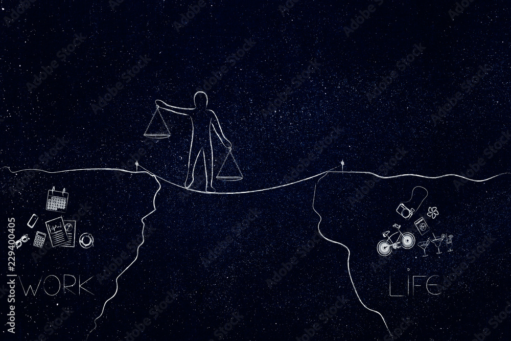 man walking on tight rope holding unbalanced scale plates and cliffs ...