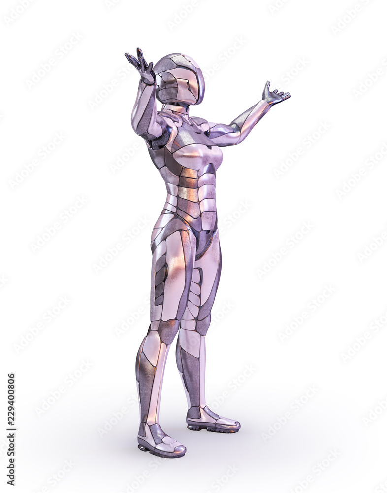 Woman robot standing outstretched arms. Android, humanoid or cyborg artificial intelligence technology concept. 3D illustration Woman robot standing outstretched arms. Android, humanoid or cyborg artificial intelligence technology concept. 3D illustration