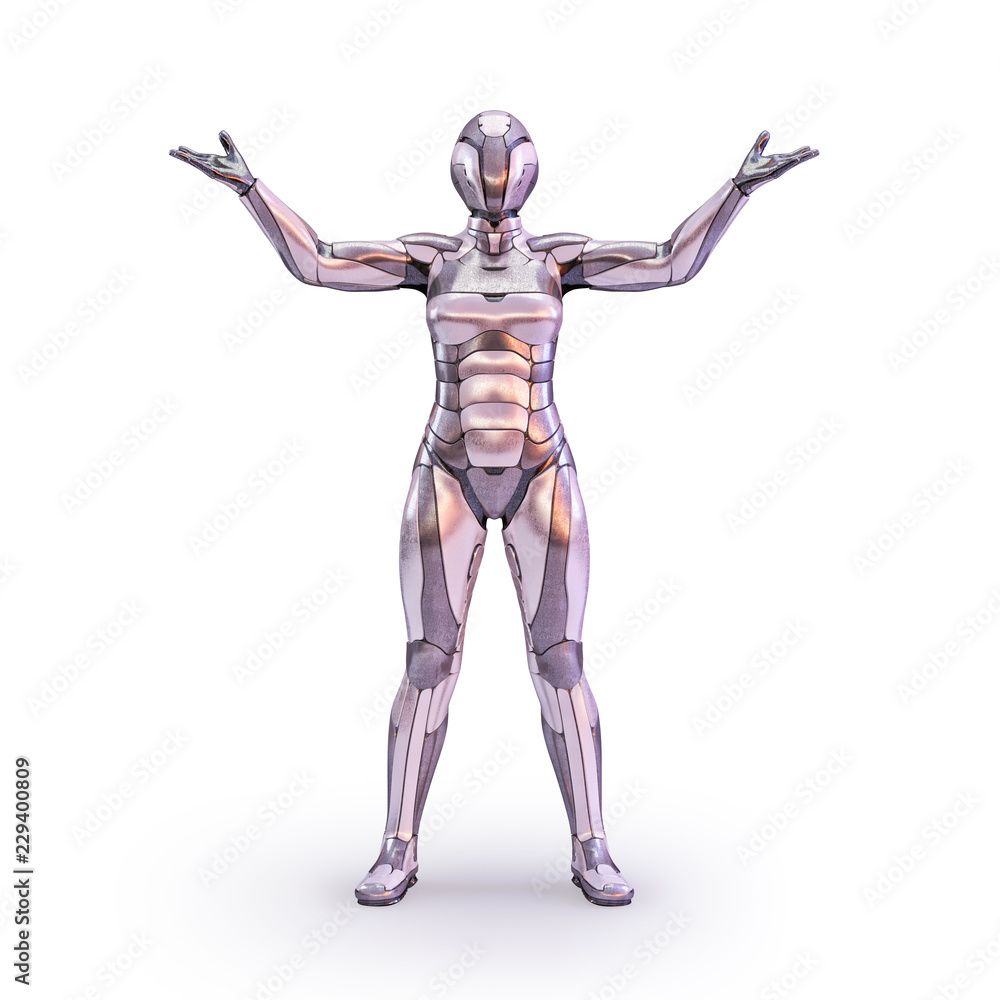 Woman robot standing outstretched arms isolated on white background. Android, humanoid or cyborg artificial intelligence technology concept. 3D illustration