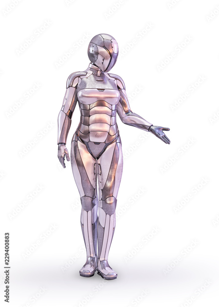 Female robot cyborg android pointing hand, artificial intelligence technology concept isolated on white background. 3D illustration