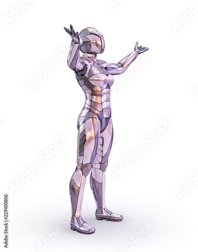 Woman robot standing outstretched arms. Android  humanoid or cyborg artificial intelligence technology concept. 3D illustration