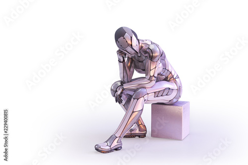 Sitting female robot, thinking or computing. Android, humanoid or cyborg artificial intelligence technology concept. 3D illustration
