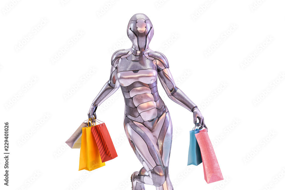 A happy playful woman robot android holding colorful shopping bags. Black friday shopping concept. Design element isolated on white background. 3D illustration A happy playful woman robot android holding colorful shopping bags. Black friday shopping concept. Design element isolated on white background. 3D illustration