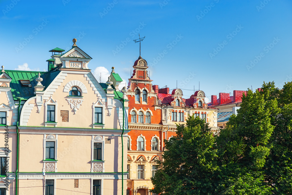 View of city of Vyborg, Russia, Leningrad Oblast.  Building in Vyborg. Roof of houses. Cityscape. August, 2018.