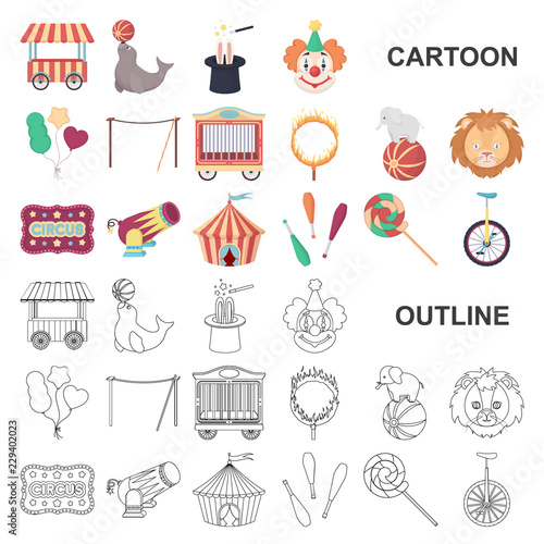 Circus and attributes cartoon icons in set collection for design. Circus Art vector symbol stock web illustration.
