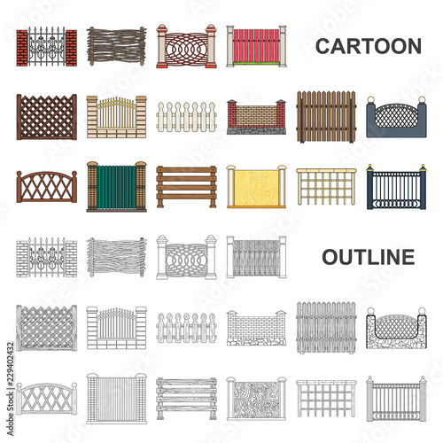 Different fence cartoon icons in set collection for design.Decorative fencing vector symbol stock web illustration.