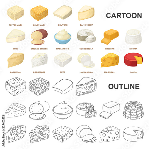 Different kind of cheese cartoon icons in set collection for design.Milk product cheese vector symbol stock web illustration.