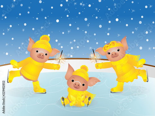 Pig in sweater on skates. 2019 Chinese New Year of the Pig. Christmas greeting card © Julia Shamayaeva