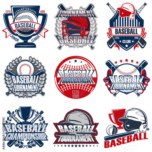Set of nine baseball badge, emblem team tournament template, vector
