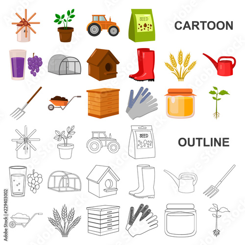 Farm and gardening cartoon icons in set collection for design. Farm and equipment vector symbol stock web illustration.