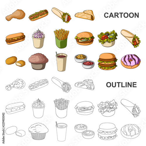 Fast food cartoon icons in set collection for design.Food from semi-finished products vector symbol stock web illustration.