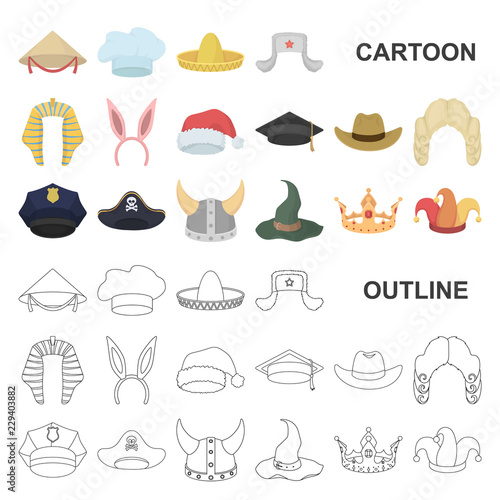 Different kinds of hats cartoon icons in set collection for design.Headdress vector symbol stock web illustration.